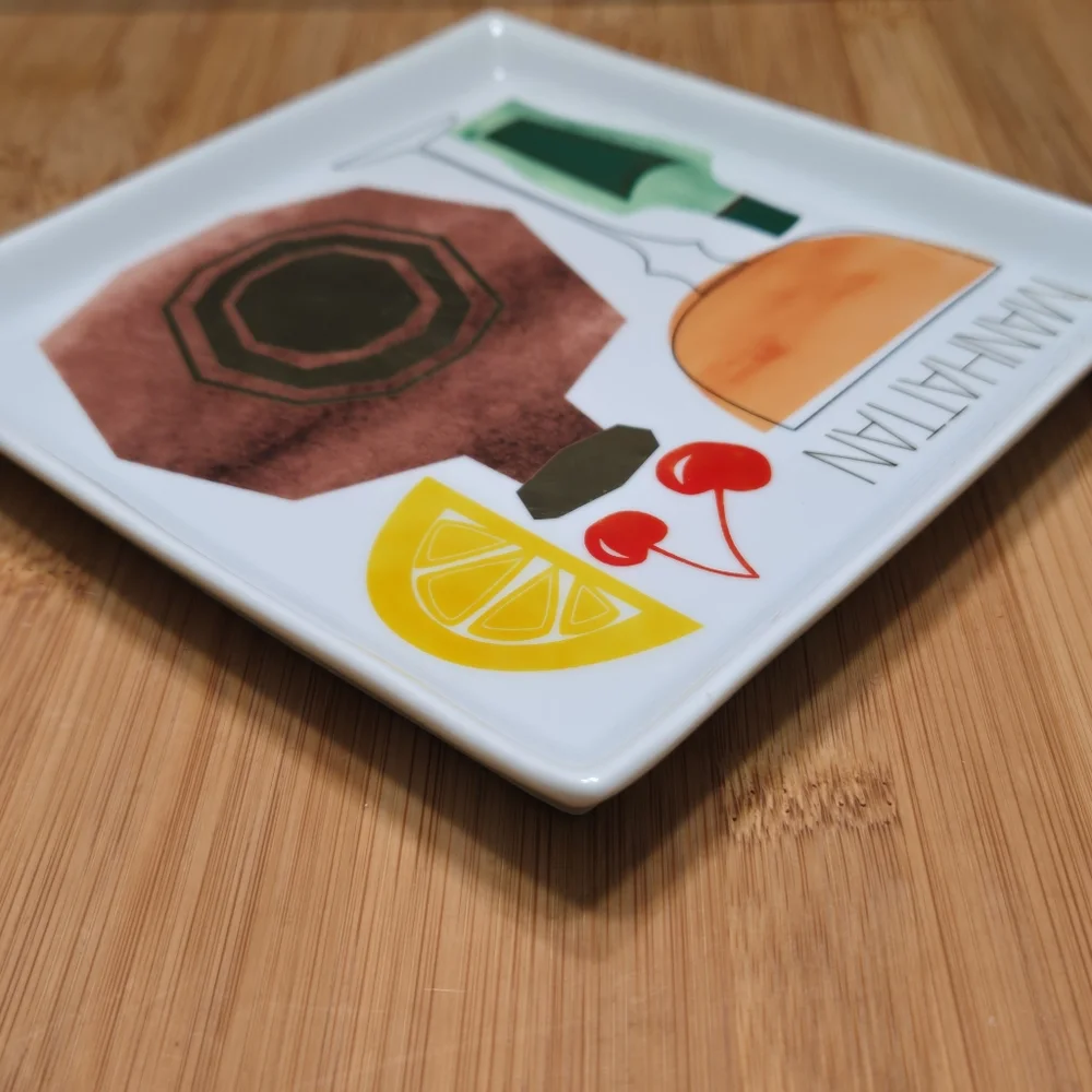 Crate & Barrel Manhattan Recipe Plate Trinket Dish Appetizer, recipe on back